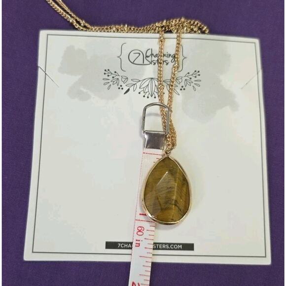 Tiger's Eye Teardrop Pendant Necklace On Gold Tone Satellite Station Chain - Picture 5 of 8